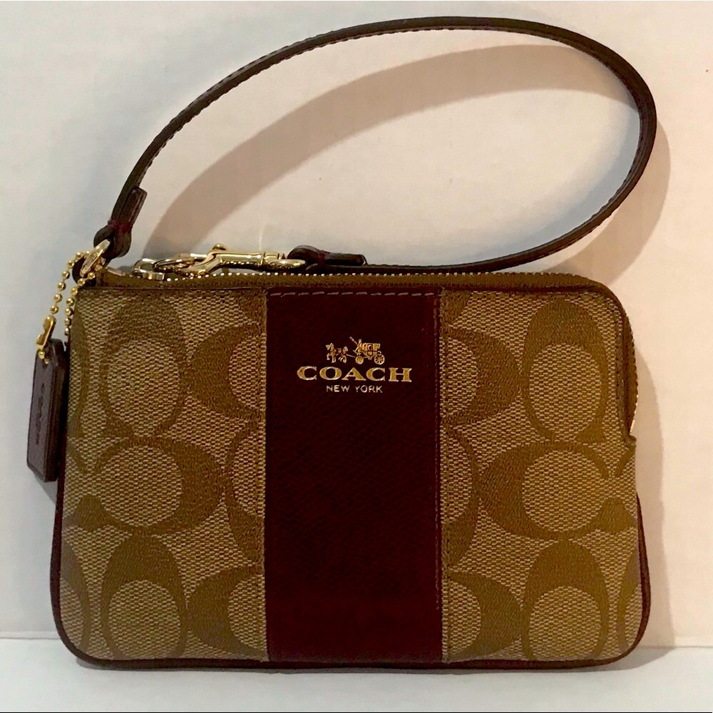 Coach PVC leather corner zip khaki sherry wristlet